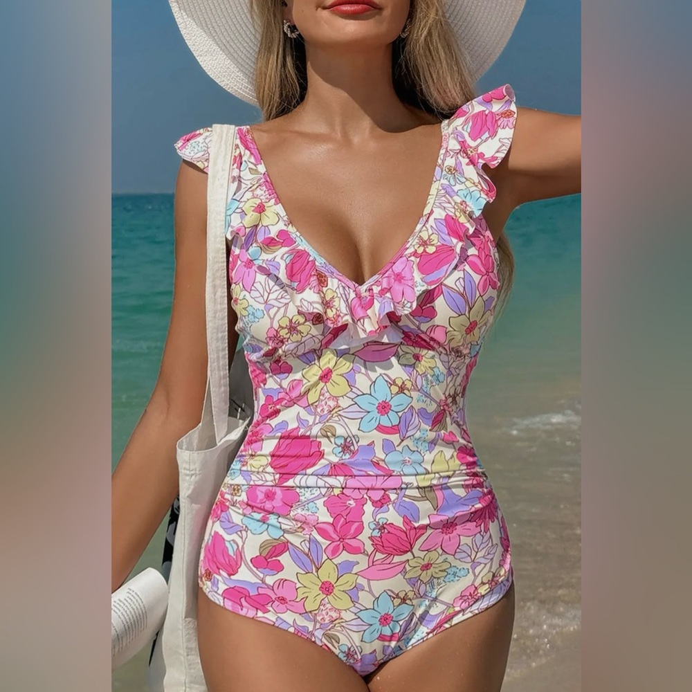 Lace Up Back Floral one piece swimsuit